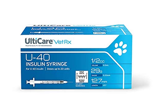 UltiCare VetRx U-40 Pet Insulin Syringes, Comfortable and Accurate Dosing of Insulin for Pets, Compatible with Any U-40 Strength Insulin, Size: 1/2cc, 29G x Â½ââ, with Half Unit Markings, 100 ct Box