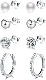 wynn's Silver Stud Earrings for Women, Sterling Silver Hoop Earrings & Silver Stud Earrings Set, Silver Small Cartilage Sleeper Pearl Cubic Zirconia Ball Studs Hoops Earrings (4mm*3 + 12mm*1)