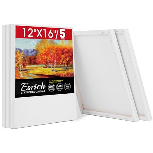 ESRICH 12x16 Stretched Canvas for Painting, 5 Pack Blank Canvases for Painting -5-8 in Profile Primed Cotton Painting Canvas for Oil & Acrylic Paint