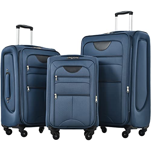 Expandable 3 Piece Luggage Set with Spinner Wheels, Lightweight Softshell Design, Dark Blue