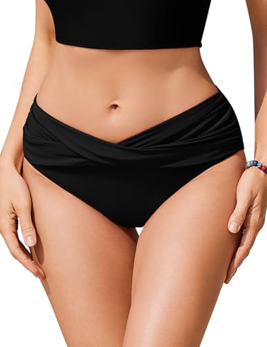 Ekouaer Damen Bikinihose V-Schnitt Ruched Bauchweg Badehose Bikini Unterteil Bademode Schwarz S