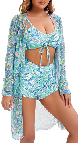 Yknktstc Womens 3 Pieces Bikini Set Swimsuit Tropical Beach Cover up Kimono Swimwear Bathing Suit with Boy Shorts XL 02