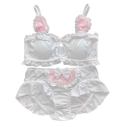 Joyralcos Womens Lolita Bikini Underwear Anime Kawaii Maid Stretchy Lingerie Frill Trim Bra and Panty Set (White) Cover