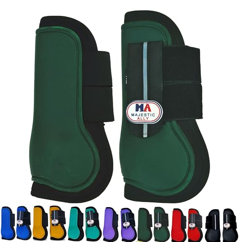 Majestic Ally Horse Leg Protection Fetlock and Tendon Boots Set, PU Shell, Neoprene Lining, Hook and Loop Closures, Multiple Colors and Sizes (Tendon Boots, Hunter Green, Full)