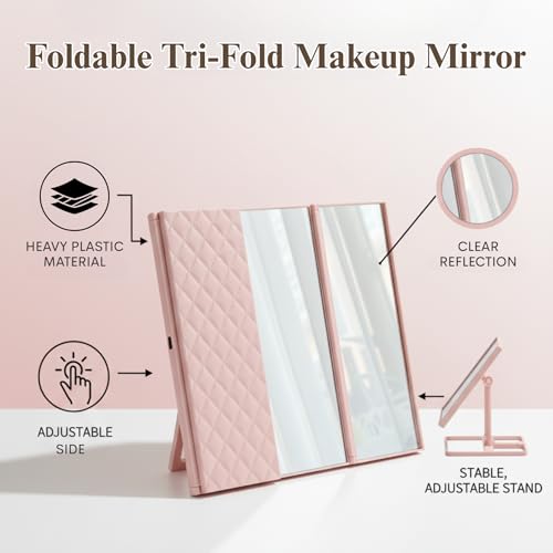 Image of Tri-Fold Makeup Mirror with Stand | Travel-Friendly Vanity Mirror | Portable and Compact Tabletop Folding Mirror for Beauty, Skincare, Pack of 1, Pink