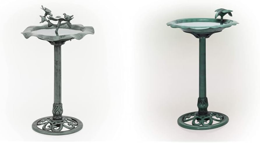 Alpine CorporationTEC108 Birdbath Yard Statue, 20" L x 20" W x 33" H, Green & TEC114 Antique Flower Birdbath, 20" L x 20" W x 31" H, Green