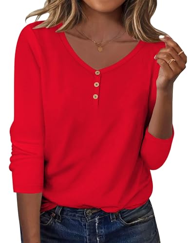 Zeagoo Long Sleeve Shirts for Women V Neck Red Blouses Lightweight Basic Tee Loose Fit Tshirts Fall Outfits