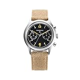 𝗣𝗥𝗔𝗘𝗦𝗜𝗗𝗨𝗦 | 𝗣𝗔𝗖-𝟳𝟲 - Chronograph Watch, Men's Wrist Watches - Pilot Watch, Military Watches for Men, Case 38mm, Popcorn Black Dial, Sand Distressed Leather Strap, Assembled in The USA | Gifts for Men