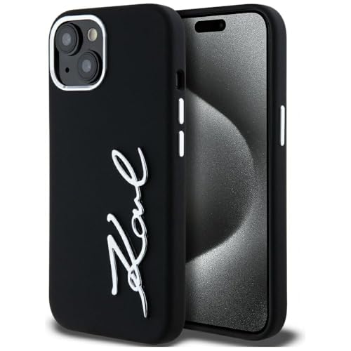 CG Mobile Karl Lagerfeld Coque de Protection en Silicone avec Logo Script métallique pour iPhone 15 (Noir)