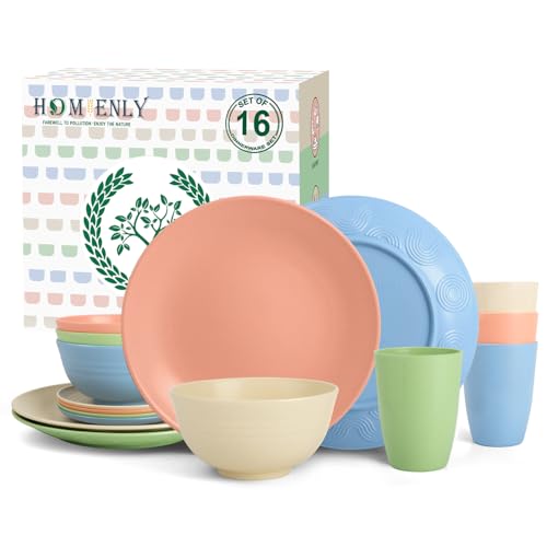 Image of Homienly Premium Dinnerwave Sets, Lightweight & Unbreakable Wheat Straw Dish Set - Plates and Bowls Set with Cups, 16 PCS Microwave and Dishwasher Safe Dinnerware Set - Multi Light