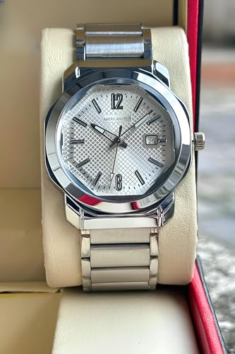 Image of AMERICANVIBER Men's Stainless Steel Watch, White Textured Dial, Analog Quartz Movement, Date Display, Water-Resistant, Silver Tone Bracelet for Men