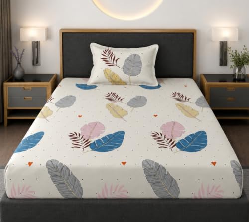 Image of Vaini Premium Heavy Cotton Elastic Fitted Bedsheets with 1 King Size Pillow Covers || Single Bed with All Around Elastic 350 TC || 36 x 78 x 6 Inch Single Size Fitted || :- Colorfull Wings