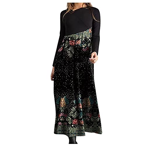 Kleid Damen Elegant Langarm Strandkleid Festlich Vintage Patchwork V-Ausschnitt Maxi Casual Elegant Winter Sommerkleider Black XL