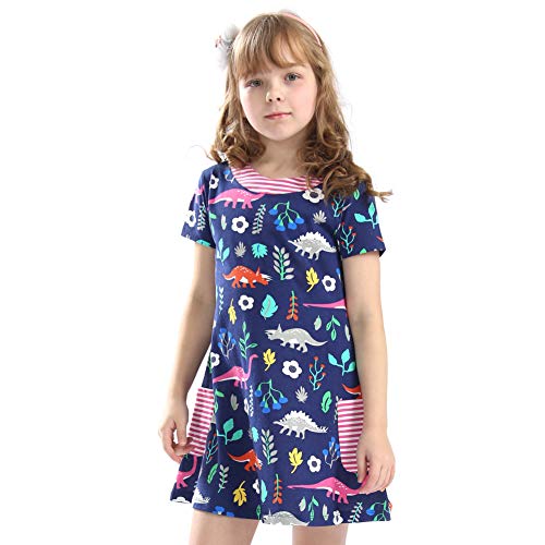 Image of Bleubell Girls Dinosaur Dress Fun Printed for Toddlers Tweens 2-12Y