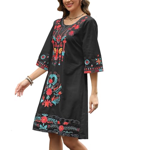 Image of Higustar Mexican Embroidered Dress Summer Cotton Bohemian Flower Peasant Traditional Mexico Fiesta Boho Dresses for Women