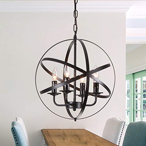 Heircido 4 Light Sphere Chandelier Light Fixture, Mid Century Metal Globe Pendant Light Ceiling Hanging Rustic Farmhouse Chandelier for Kitchen Dining Room, Matte Black