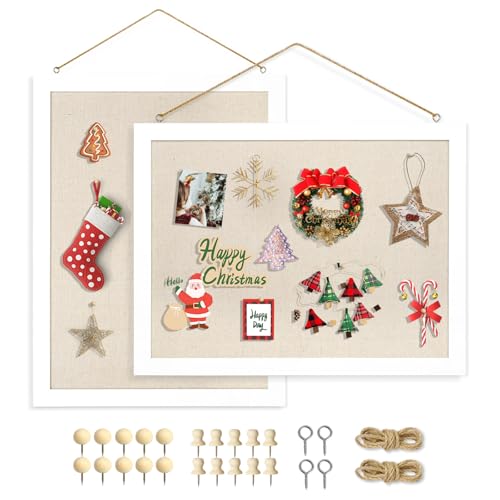 AMUSIGHT 2-Pack Double-Sided Cork Board with Linen, 16' x 12' Hanging Wood Framed Bulletin Board, Picture Display Vision Board Kit Corkboards for Wall School Office Decor, 20 Pushpins (Vintage White)