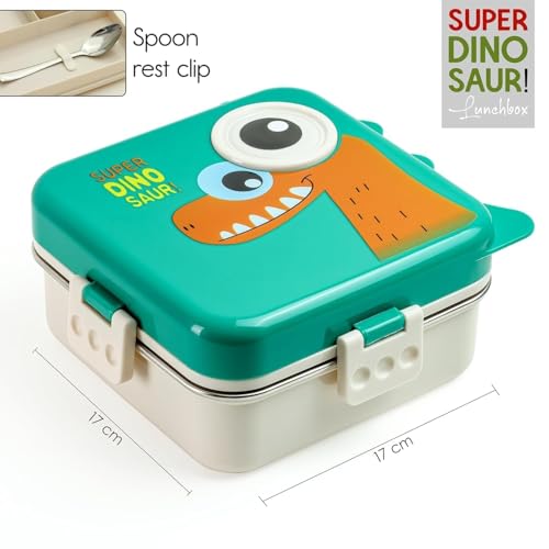 Image of Kids Stainless Steel Lunch Box for School, 1120ml Bento Lunch Box with 3 Compartments, Leak Proof Sauce Container, Spoon, BPA Free Insulated Tiffin Box, Dinosaur Lunch Box for Boys Girls,Green