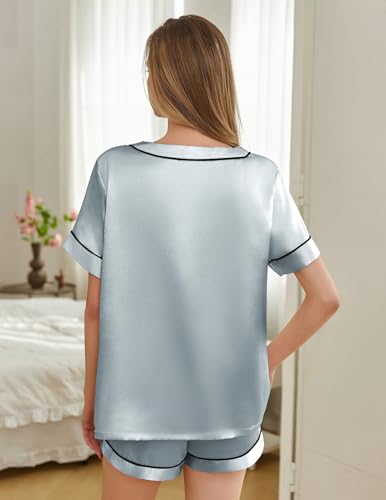 Image of Silk Pajamas for Women Short Sleeve Satin 2 Piece Pj Set Soft V Neck Sleepwear Loungewear, S-XXL