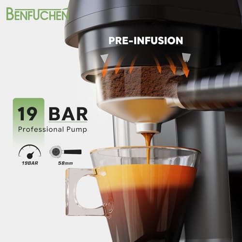 BENFUCHEN 19 Bar Espresso Coffee Machine with Burr Grinder - Professional 2-in-1 Coffee Maker for Bean to Cup & Grounds, Touch Screen Latte Maker in Black - Image 3