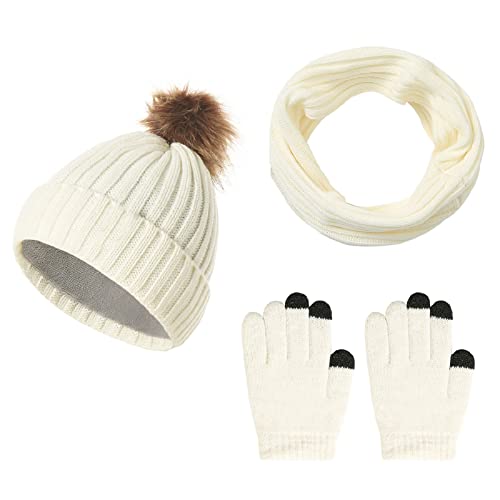 Jarseila Ladies Pom Pom Hat Bufanda y guantes Set Gorro de punto Gorro de invierno Loop Bufanda Guantes de pantalla táctil con forro polar Cover