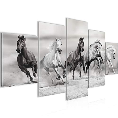 Runa Art Tableau Mural Chevaux 5 Parties Impression sur Toile Intissee Decotation Salon Animaux Noir et Blanc 014152c