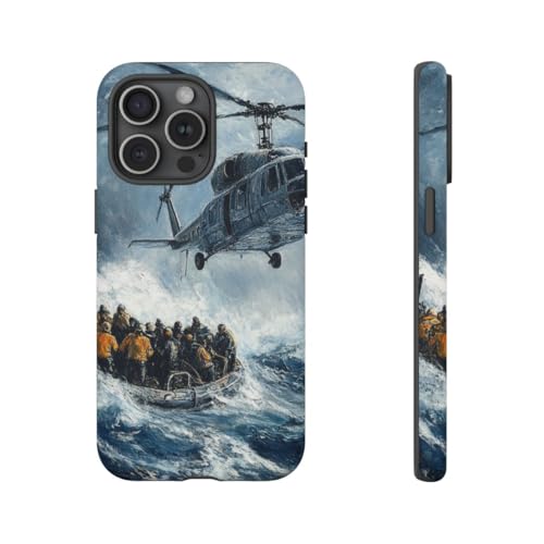 Coque iPhone 15 Pro Max bleu motif peinture hélicoptère de sauvetage en mer avec finition mate