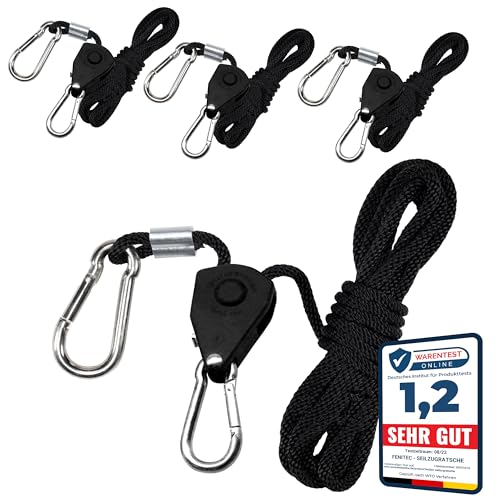 FENITEC 4X Seilratsche mit Haken, Bruchlast 68kg, Nutzlast 34kg, 2,4m stufenlos einstellbare Abspannseile mit Ratsche, Lampen Aufhängung, Zeltschnur mit Spanner, Sturmsicherung Vorzelt