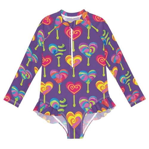 Kawaii Heart Lollipop Girls Long Sleeve Swimsuit UPF 50+