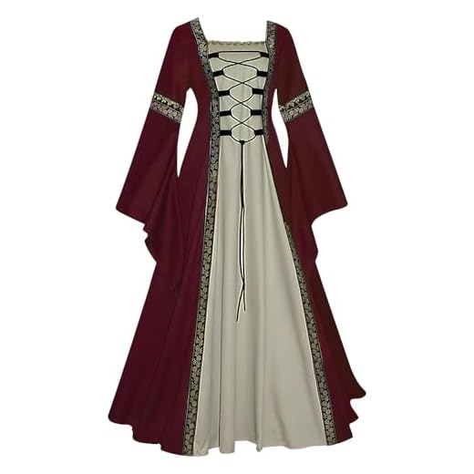 Feynman Vestido medieval para mujer con mangas trompeta, estilo medieval victoriano, vestido renacentista, gótico, vestido largo para carnaval, Halloween, fiestas de princesas, disfraz, burdeos L