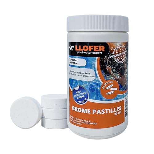 Llofer - 1kg Pastilles de Brome 20g - Dissolution Lente & Traitement Longue durée - Désinfection sans Odeur de Chlore - Aussi Efficace Que Le Chlore - Haute tolérance au pH - Brome Piscine