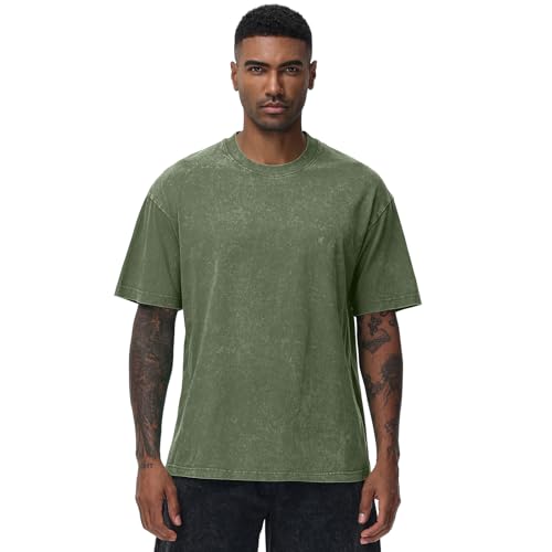 Image of Men's Oversized Cotton T-Shirts Loose Fit Vintage Washed Tee Unisex Short Sleeve Casual Shirts Tops