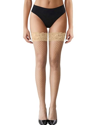 Avidlove Thigh Highs Stockings for Women Knee High Fishnet Tights Lace Top Sheer Pantyhose Hosiery Khaki Medium Fishnet