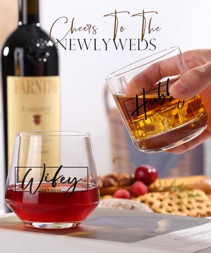 image for comfit Wedding Gifts for Couples,Hubby & Wifey EST 2025 Wedding Glass 