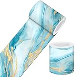 IVN Wallpaper Border Peel and Stick 196x4 Inch Blue Gold Marble Pattern Mirror Frame Border Trim for Home Room Cabinets Bathroom Kitchen Modern Luxe Style Wall Decor