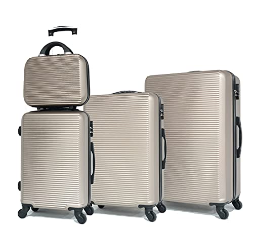 CELIMS Valise Cabine/Moyen/Grande avec ou sans Vanity, Marque Française (Champagne - 5859, Lot de 3 Valises et 1 Vanity)