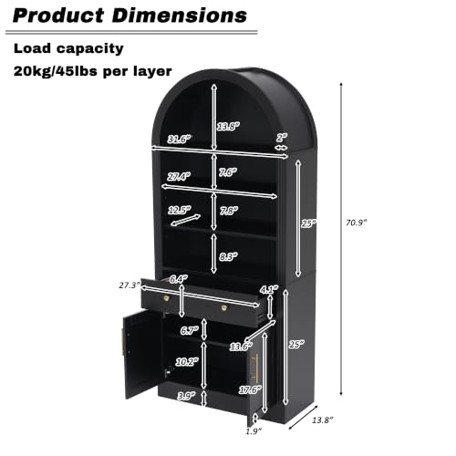 Image of Farmhouse Arched Bookshelf with Storage Cabinet(Black Style3) | Tall Display Bookcase with Drawer Doors&Adjustable Shelves, Freestanding Kitchen Pantry Cabinet for Living Room, Home Office