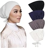 Rwigeboo 4 Pcs Hijab Undercap Adjustable Soft Cotton Elastic Hijab Cap Set with Tie Back Closure for Women, Black + Dark Blue+ Dark Gray + White