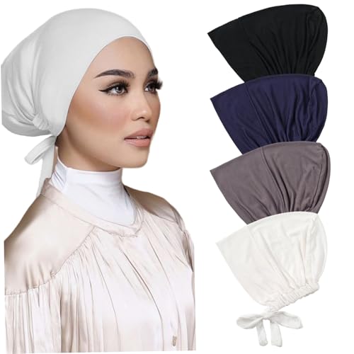 Rwigeboo 4 Pcs Hijab Undercap Adjustable Soft Cotton Elastic Hijab Cap Set with Tie Back Closure for Women, Black + Dark Blue+ Dark Gray + White