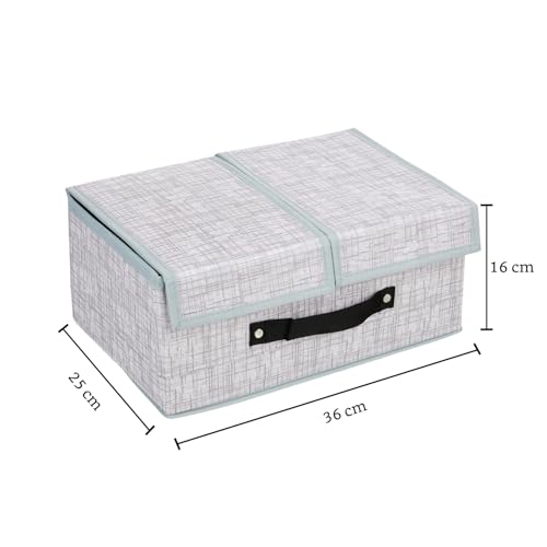 Image of Amazon Brand - Solimo Double Lid Foldable Storage Box | Toys Storage Bin | Wardrobe organizer for Clothes | Front Handle | Stackable Rack | 36 x 25 x 16 cm (Jute Print, Grey)