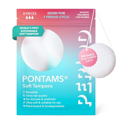 PERIOD PONTAMS Tampón suave para mujeres – Reutilizable 3 días y compostable – Apoya el equilibrio probiótico – Ultra flexible y vegetal – Pack de 3