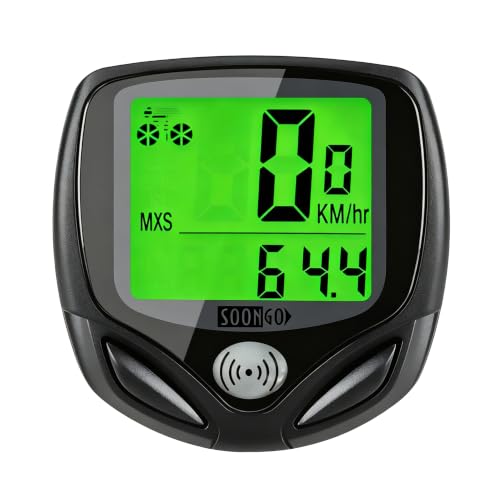SOON GO Computadora de Bicicleta Inalámbrica Impermeable, Velocímetro y Odómetro con Pantalla LCD Grande Retroiluminada Verde, Auto Suspensión y Activación, Rastreador de Velocidad Multifuncional para Bicicletas de Montaña, Ruta y Plegables