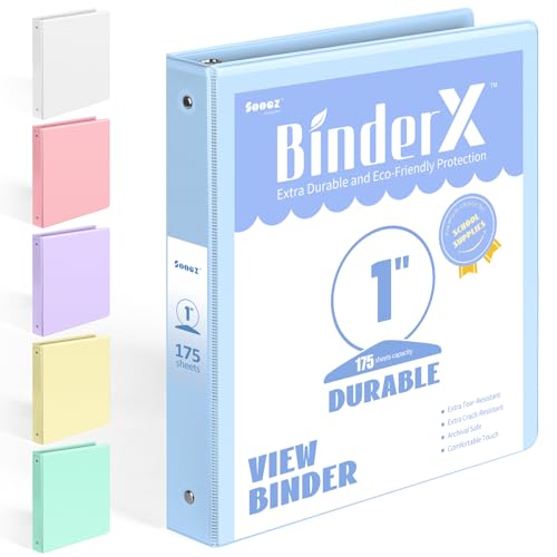 BinderX Extra Durable 3 Ring Binder Round Ring 1 Inch Binders Fits 175 Sheets of 8.5x11 Paper Customizable View Cover with Inside Pockets Cute 1 Binder School Supplies for Girls Blue