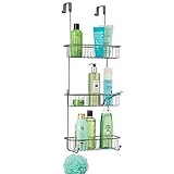 mDesign Extra Large Metal Over Shower Door Caddy, Hanging Bathroom Storage Organizer Center with Built-in Hooks and Baskets on 3 Levels for Shampoo, Body Wash, Loofahs - Graphite Gray