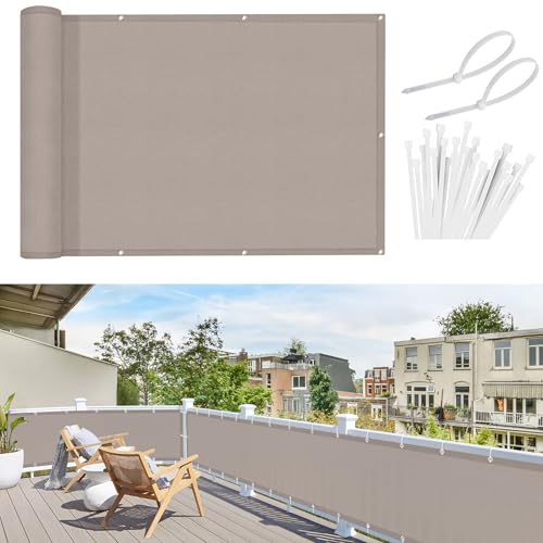 Sunnylaxx Balkon Sichtschutz 90x600cm, Taupe Balkonverkleidung Balkonabdeckung Balkonbespannung Blickdichte Windschutz und UV-Schutz mit Kabelbinder