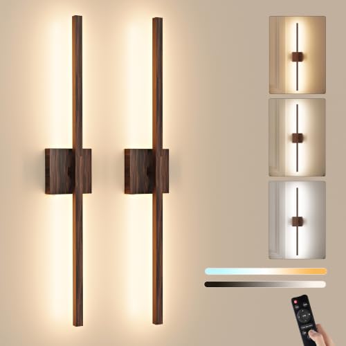Image of Rayogale Walnut Battery Operated Wall Sconce with Remote Control 40 Inch | 3000 /4500 /6000K Dimmable 8000mAh Wireless Rechargeable Wall Sconces Set of Two with Timer for Living Room, Bedroom, TV
