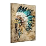 SWQYLB Native American Canvas Wall Art Indian Chief Feather Headdress Picture Prints Vintage Tribal Theme Painting Southwest Artwork Indian Wall Decor Framed (Blue, 12.00' x 18.00')