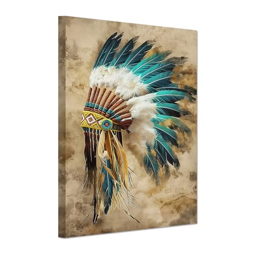 SWQYLB Native American Canvas Wall Art Indian Chief Feather Headdress