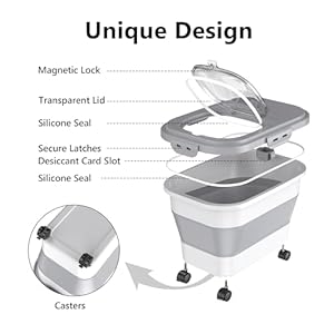HBlife Collapsible Airtight Pet Food Storage Container, 20 Lb Rice Dispenser with Rolling Wheel Measuring Scoop and Measuring Cup, Small Sealed Dog and Cat Food Bin, Grey