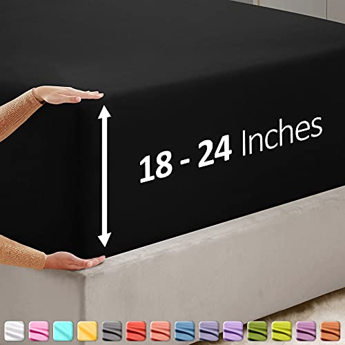 Image of Hearth & Harbor Extra Deep Pocket Full Fitted Sheet - Fits 18 to 24 Inch Mattress - Ultra Soft 1800 Microfiber, Wrinkle-Free & Breathable - Hotel Luxury Fitted Sheet Only, Black